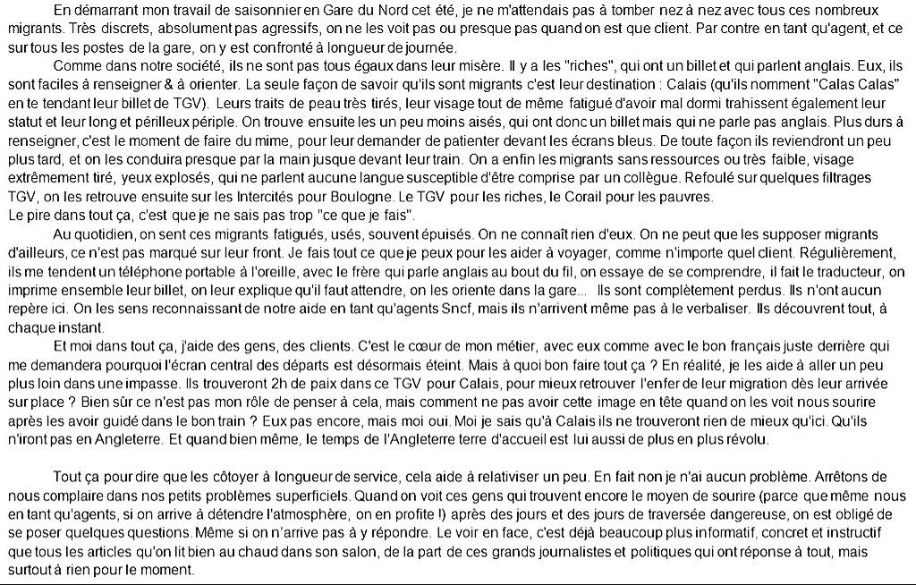PtitElias's tweet photo. Juste un petit texte sur les migrants que l'on croise Gare du Nord en tant qu'agent. Mon ressenti &amp; interrogations ! http://t.co/QDUmvXAQ8K