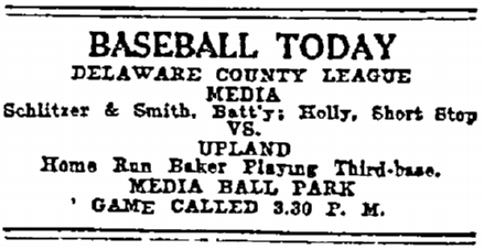 mdaubrey's tweet photo. @TheSkimmers @thorn_john @sabr - An ad from the Jul 17, 1915 Philly Inq. Media playing Upland. #HomeRunBaker http://t.co/rQGxBqztZj