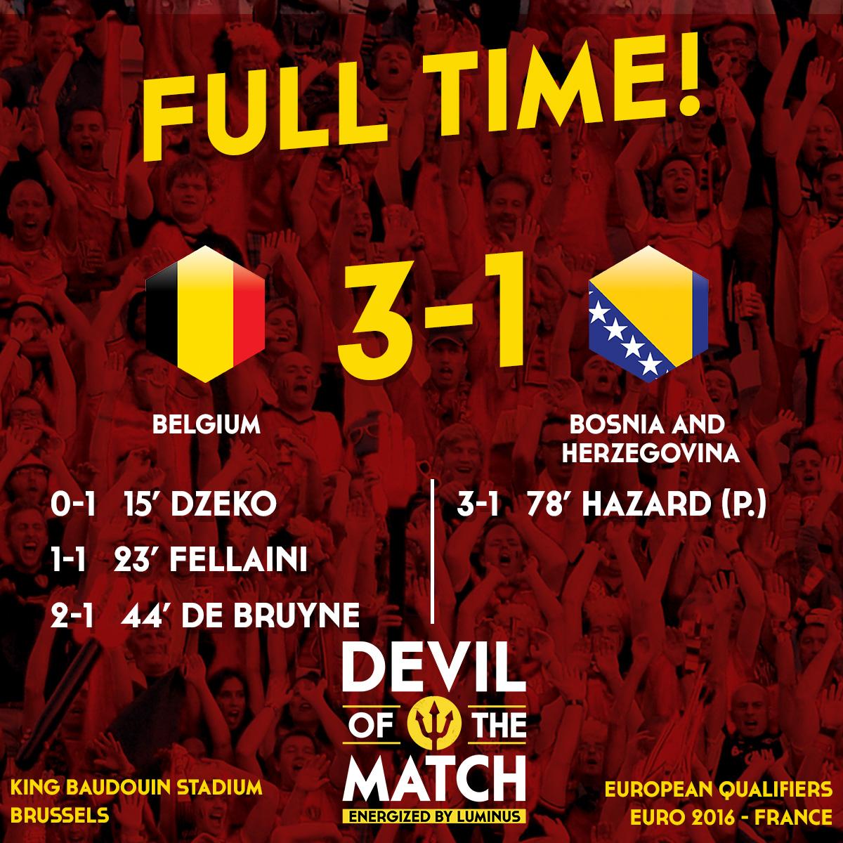 BelRedDevils's tweet photo. Full time! Belgium – Bosnia &amp; Herzegovina: 3 – 1 #belbos #tousensemble http://t.co/BA73j8Uxu8