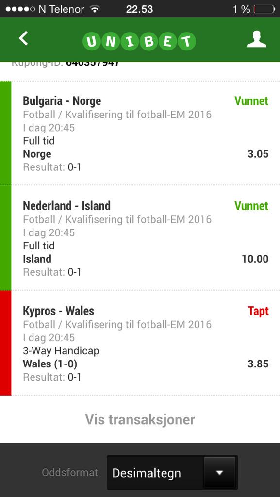 2masHelland's tweet photo. Denne føles rimelig kjip. Og totalt unødvendig. #urutt @UnibetNorge #odds http://t.co/mrcPwTSxtA