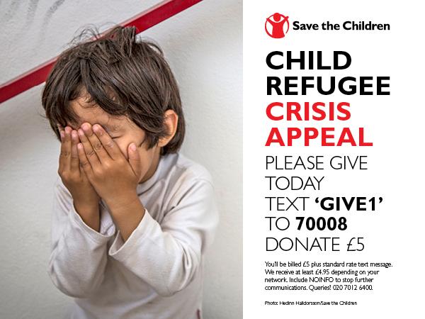 charltonbrooker's tweet image. Text GIVE1 to 70008 to donate £5 to help Save the Children respond to the #refugeecrisis