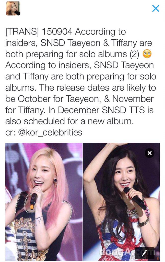 taengsion's tweet photo. [TRANS] 150904 According to insiders, SNSD Taeyeon &amp; Tiffany are both preparing for solo albums &amp; TTS comeback (2) 😳 http://t.co/BC2kbnIHZH