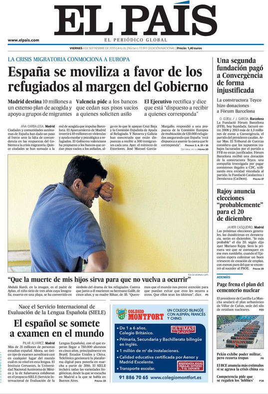 el_pais's tweet photo. España se moviliza a favor de los refugiados; el padre de Aylan relata la tragedia... http://t.co/fukFpzaZDA #Portada http://t.co/ibcOJlVeOI