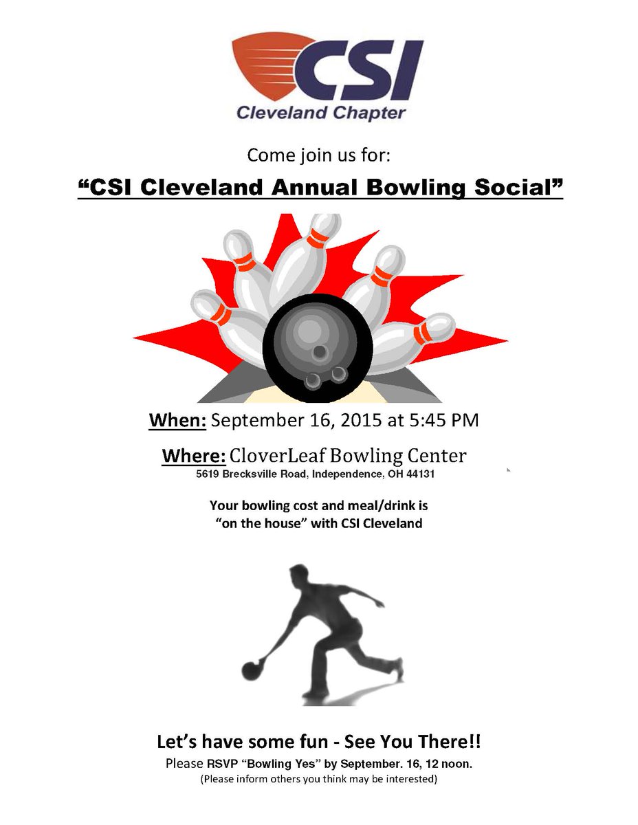 CSI_Cle's tweet image. Please join us for our CSI Cleveland Annual Bowling Social! Please see attached flyer for more details!