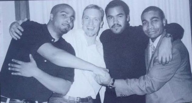 PaulRieckhoff's tweet photo. #TBT @AmherstCollege Drew House crew circa 1996 (?) w @JonOliverMusic @toddsutler (w amazing mustache) @DermondThomas http://t.co/XhaOAqisRx