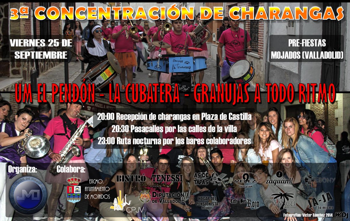 JMO_Mojados's tweet photo. III Concentración de Charangas! Viernes prefiestas (25 sept). #Mojados @UM_ElPendon, @lacubatera y G. a Todo Ritmo. http://t.co/AzHd34BWJi