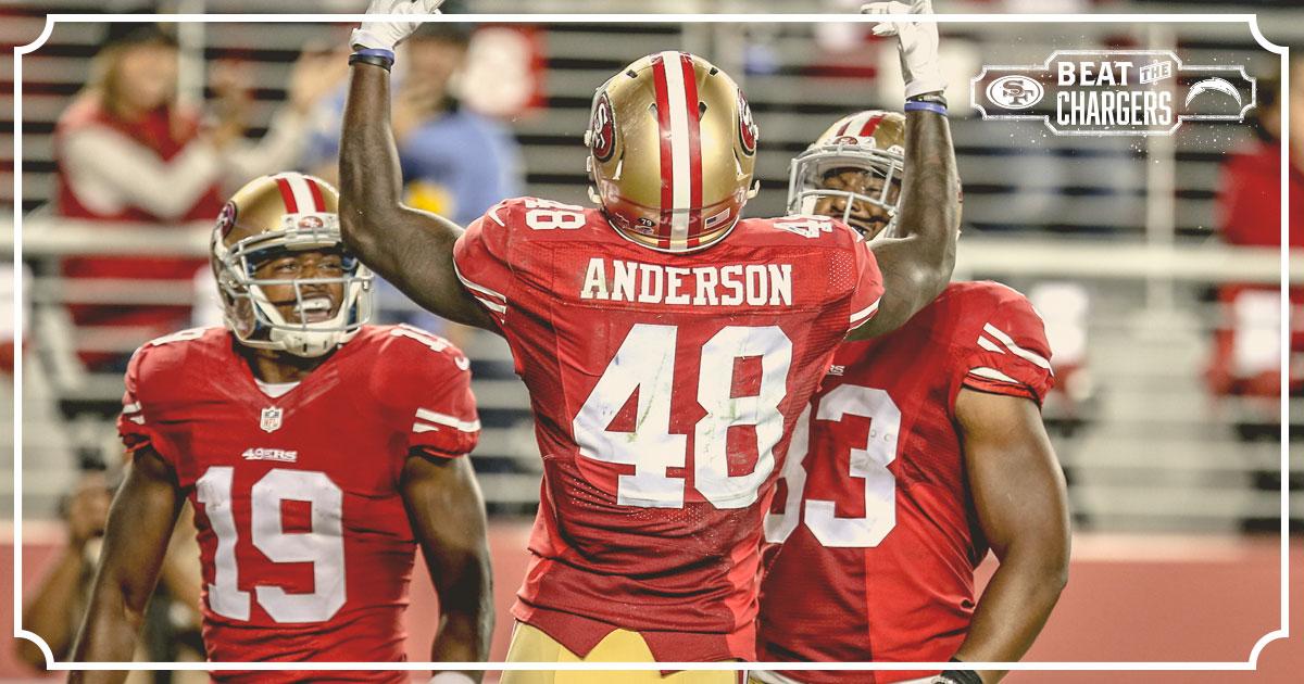 #49ers scoring drive: 6 plays, 75 yards, 2:53 ends in a @DylanPThompson to @BustaAnderson TD! #SDvsSF