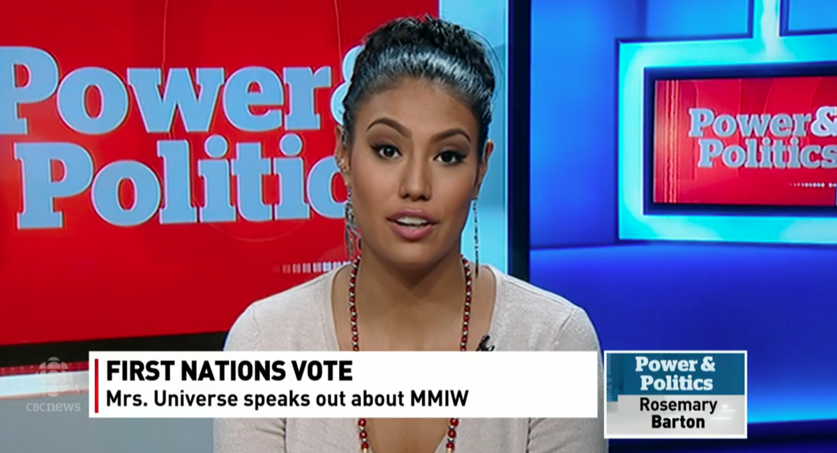 CBCNews's tweet photo. New Mrs. Universe says Tory government treats First Nations people 'like terrorists' http://t.co/aXnjsiOmry http://t.co/VTcjGFSKXq