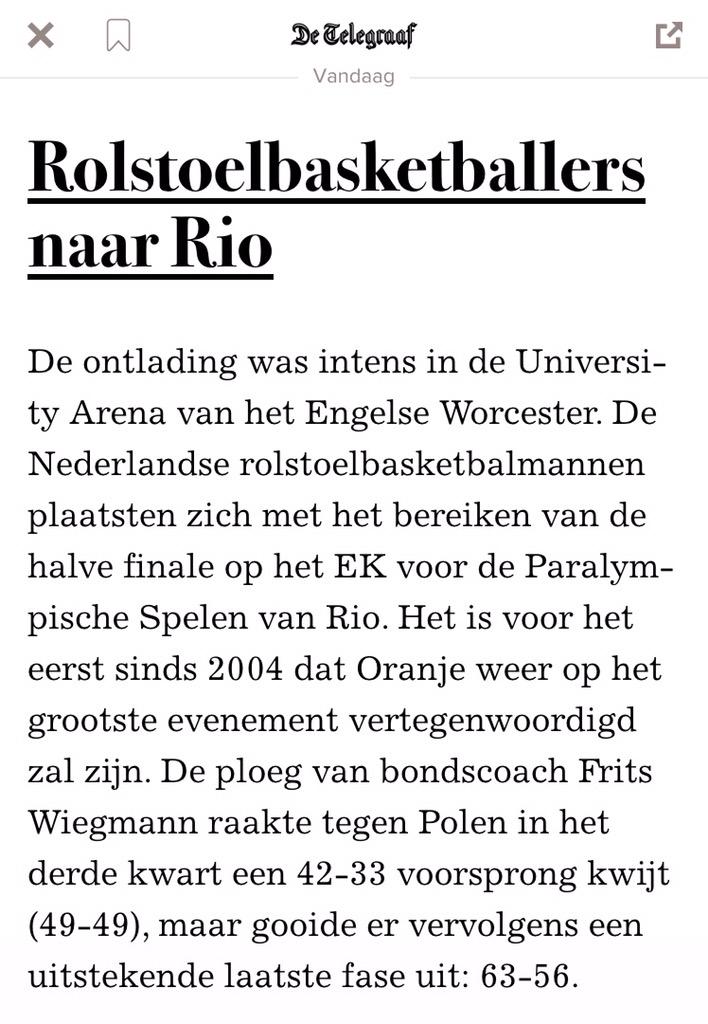 Rolstoelbsktbal's tweet photo. Vanochtend in De @telegraaf, het prachtige nieuws van onze -inmiddels- Paralympische heren http://t.co/DPYzYHCp95