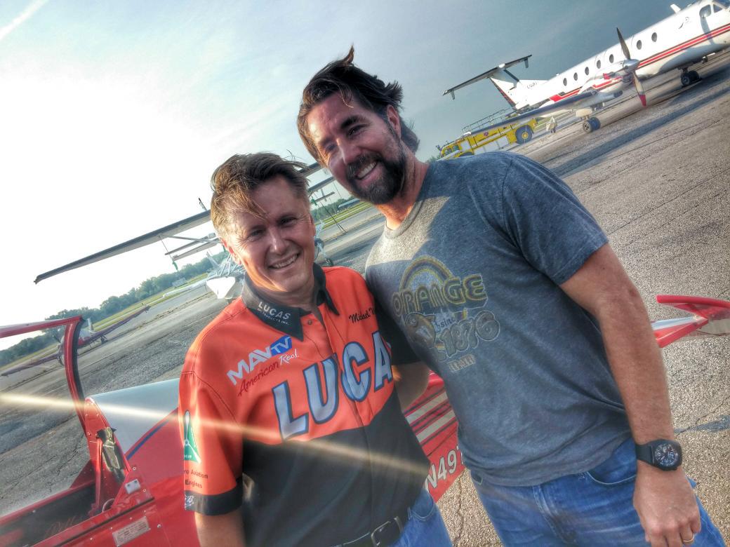 Look who we just got to go flyin' with! R.A. Dickey and Mike after a ride in the Lucas Oil Pitts S2C!