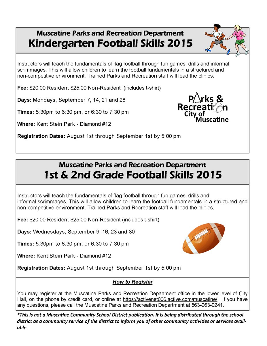 MuscatineCSD's tweet photo. Parks &amp; Rec Football Skills Clinics - Sign up now! #MCSDvbackpack http://t.co/LV4PDbJEb3