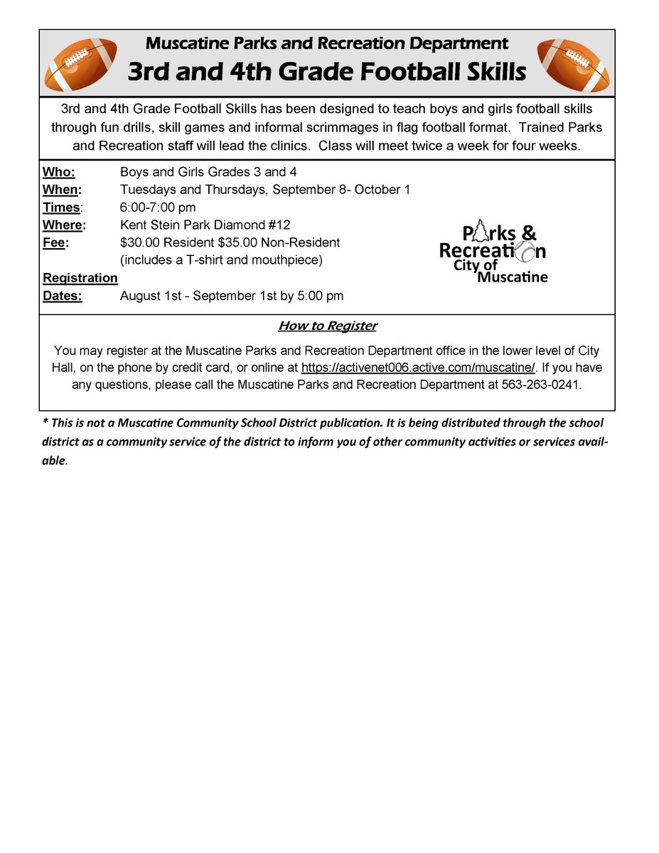 MuscatineCSD's tweet photo. Parks &amp; Rec Football Skills Clinics - Sign up now! #MCSDvbackpack http://t.co/LV4PDbJEb3