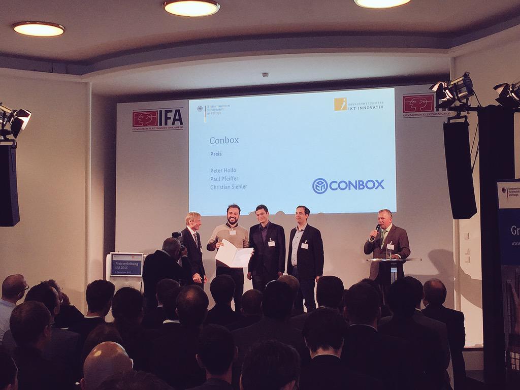SpinLabLeipzig's tweet photo. Congrats to our startups @conbox_tv and SENSAPE! #IKTINNOVATIV @IFA_Berlin #gründerwettbewerb #prizewinner http://t.co/p71rBfTlQj