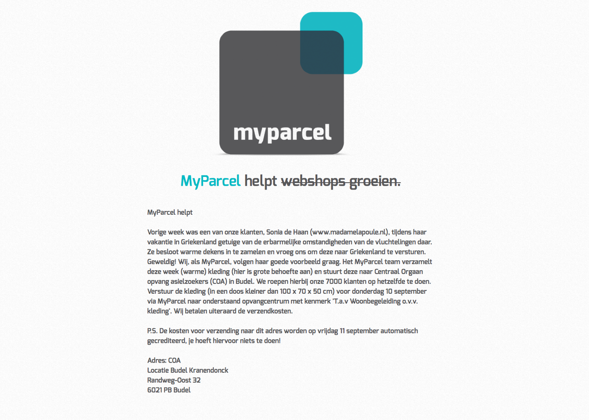 MyParcelNL's tweet photo. Help jij mee? #vluchtelingen http://t.co/hmfuq0Eyvp