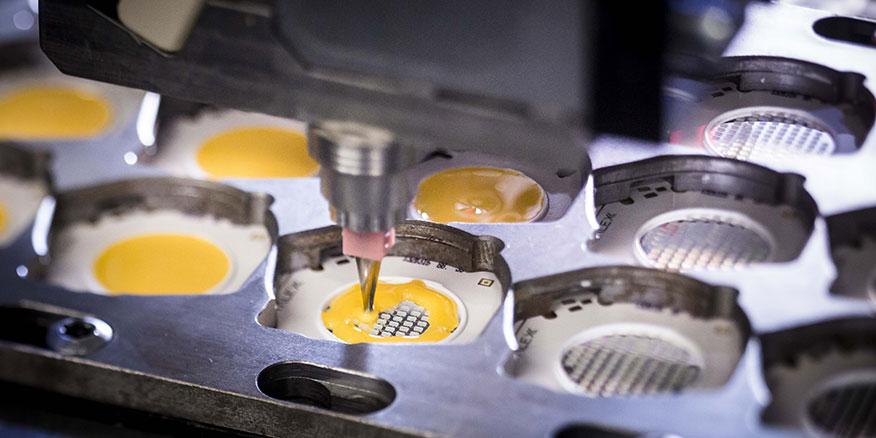 Tridonic's tweet photo. Solution to yesterday’s question: Process of adding yellow phosphor to #LED, turning the blue light into white light http://t.co/vFlZCl93H1