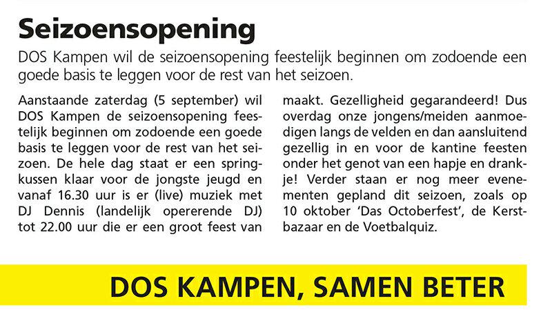 Zaterdag 5 september, feestelijke seizoensopening: