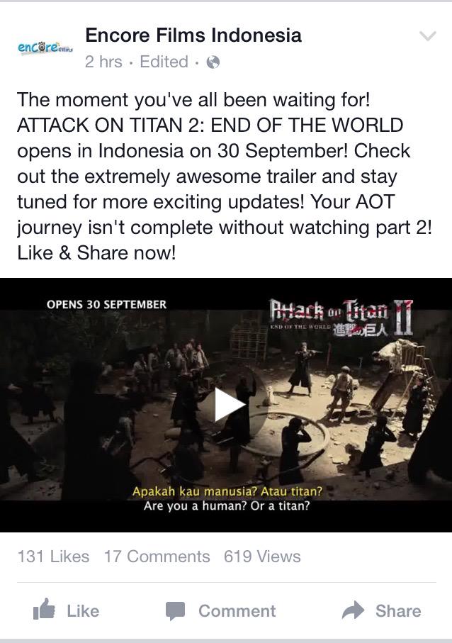 Togeuyeeeeeee's tweet photo. @Soal_Anime: Min  "Attack on Titan 2 : End Of The World" akan tayang di Indonesia mulai 30 September 2015 /ND  http://t.co/JKlxhUcVyg"