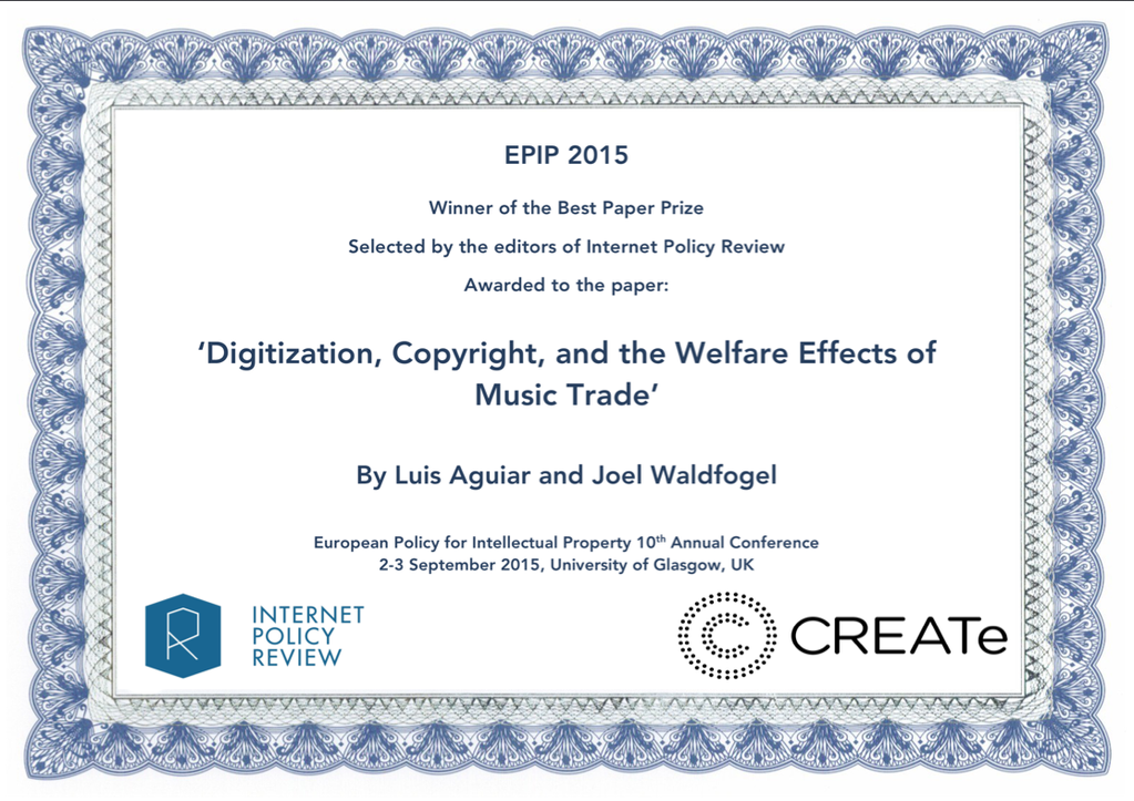 EU_JRC's tweet photo. Best Paper Award for L. Aguiar (JRC) &amp; J. Waldfogel at #EPIP2015. Discover their work here: http://t.co/KrDohqaNT7 http://t.co/a6YfXzVVUU