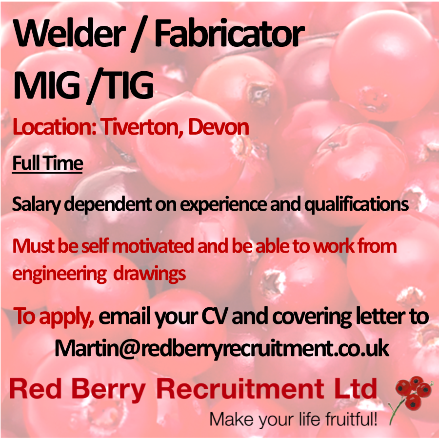 New Job: *#Welder / #Fabricator* for a client based in #Tiverton #Devon - Apply now! #RedBerryJobs #TivertonJobs