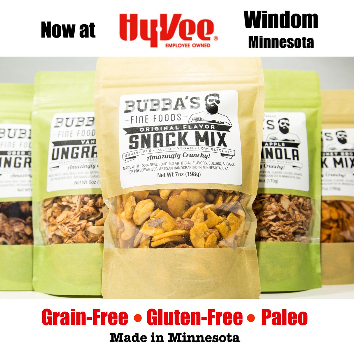BubbasFoods's tweet photo. Bubba's in da house!!! @HyVee #Windom #WindomMN Try the #glutenfree #paleo Snack Mix that tastes like Chex Mix (tm)! http://t.co/HepPdKxurn
