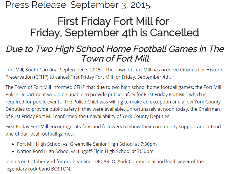 FirstFridayFM's tweet image. First Friday Fort Mill for Friday, September 4th is Cancelled - firstfridayfortmill.com/press-release-…