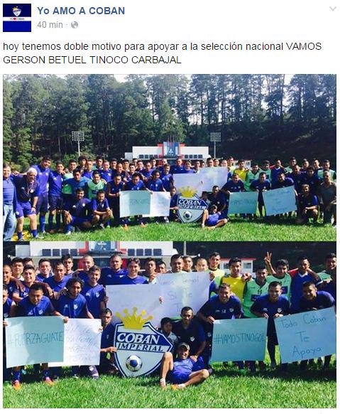 FÚTBOL - @YoAmoACoban publica apoyo del plantel de @CobanImperial a seleccionado Gerson Tinoco, @tododeportes_pl