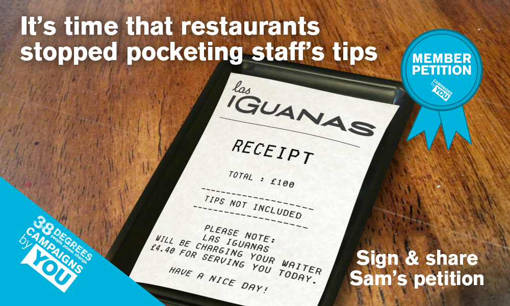 38degrees's tweet photo. Pizza Express will stop stealing  staff tips - but Las Iguanas won't. Sign the petition now: http://t.co/0Cq9sQGCqc http://t.co/99NgOJF4rU