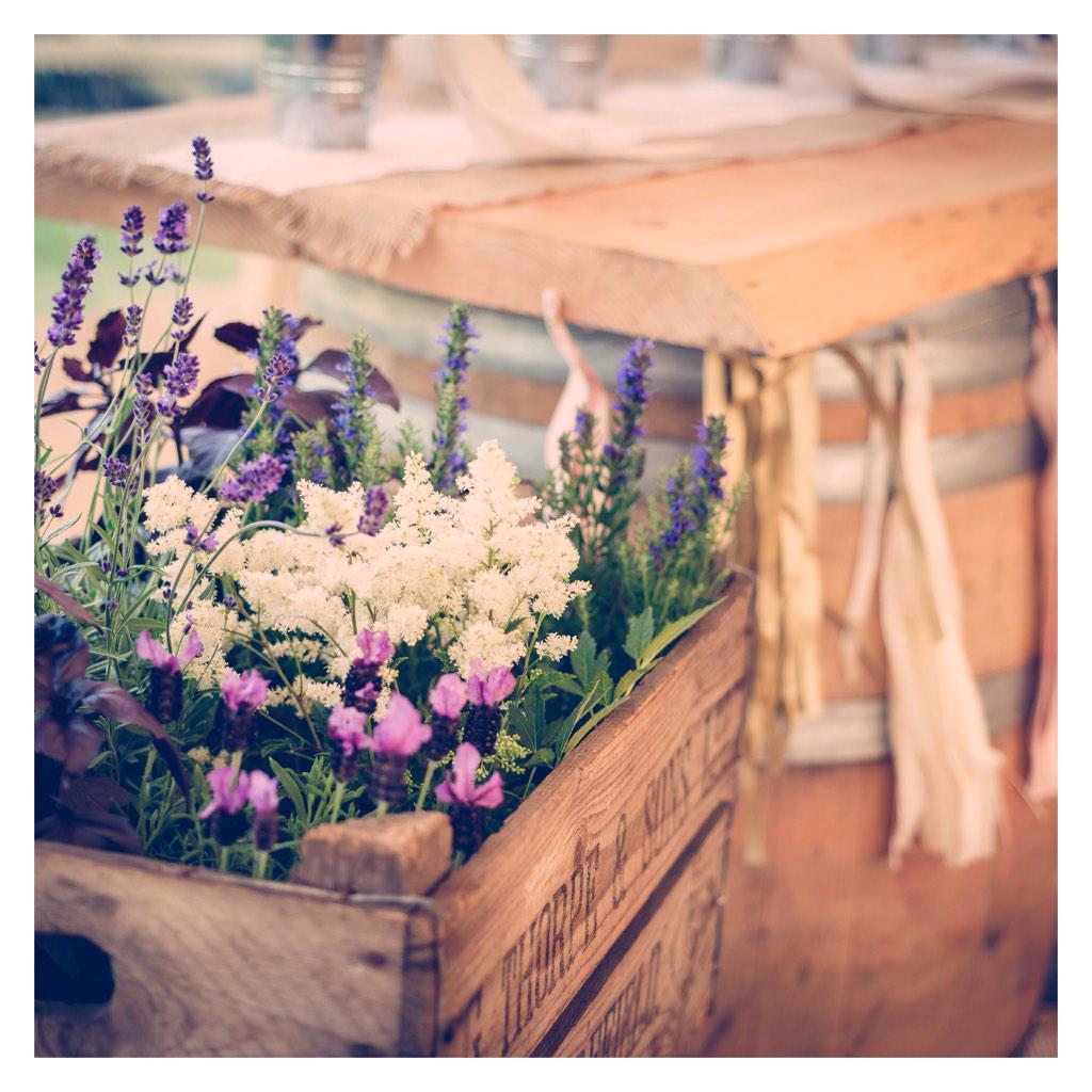 Rustic crates filled to the brim with pretty lavender and astilbe for a recent Vanilla Rose wedding. #cotswolds