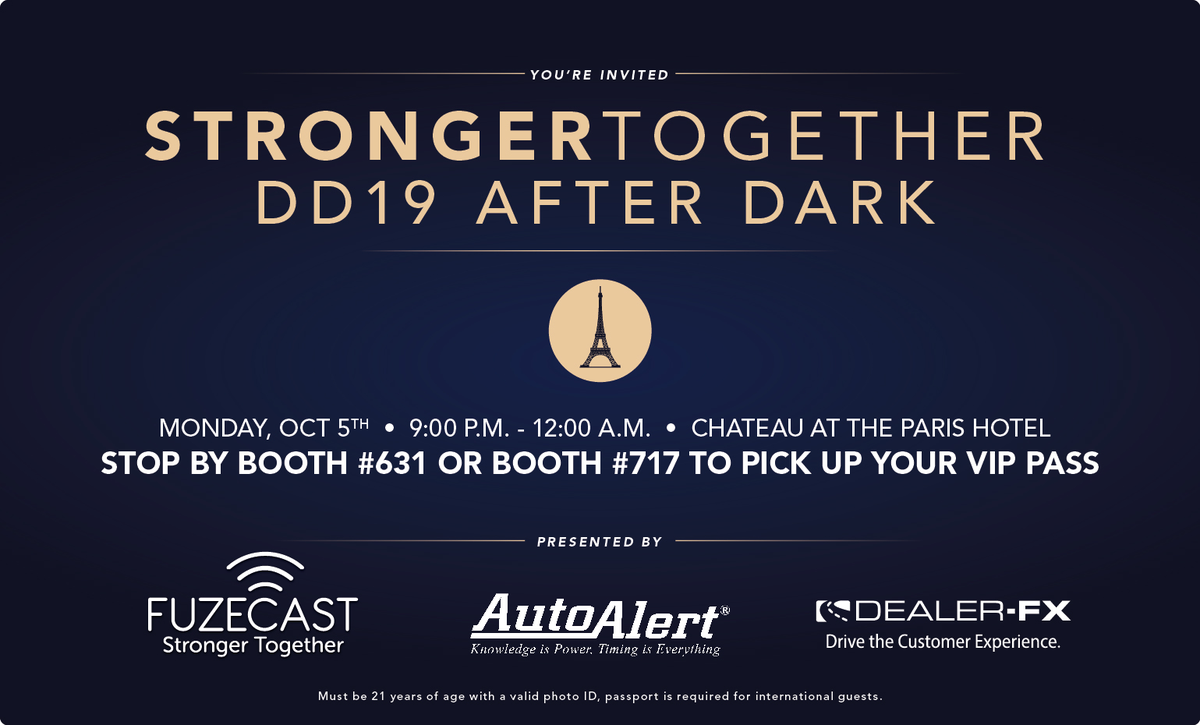 AutoAlertcxm's tweet image. The Stronger Together | #DD19 After Dark event will be Oct 5th from 9PM-12AM! Hosted with @Dealer_FX and @MotoFuze.