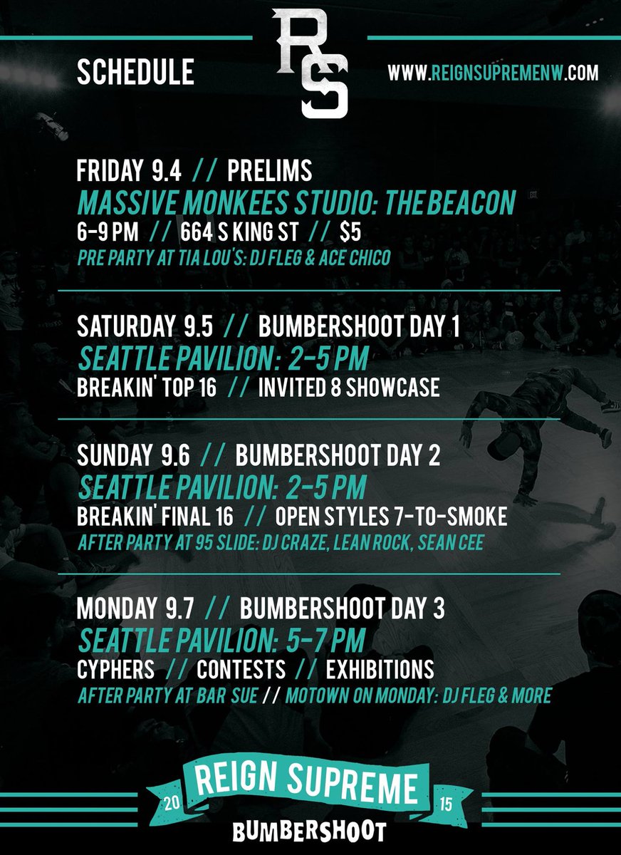 ReignSupremeNW's tweet photo. PRELIMS today begin at 6pm SHARP at @MMBeacon Studio! $5! 

Full schedule attached. See you soon.

#ReignSupreme2015 http://t.co/AtnNWH4Jtk