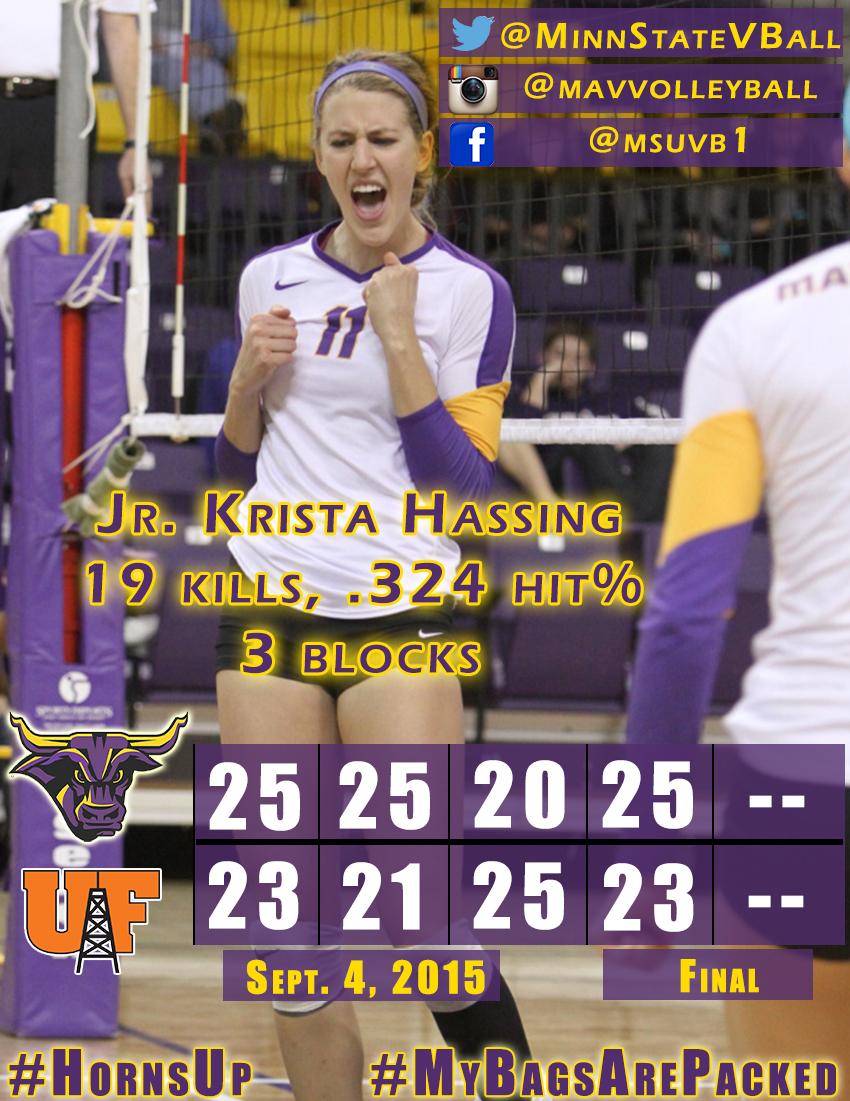MinnStAthletics's tweet photo. @MinnStateVBall defeats @UFindlayVball 3-1 (25-23, 25-21, 20-25, 25-13) to begin the season! #MyBagsArePacked http://t.co/UxlQDcPP7p