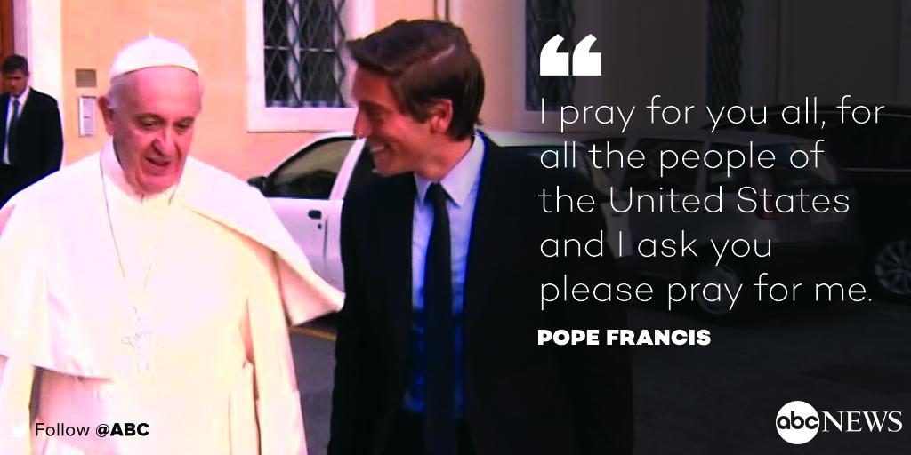 ABC's tweet photo. Ahead of his US visit, a humble Pope Francis asks the US “pray for me” #AudienceWithPope http://t.co/fWZi3a5UYz http://t.co/H8BCE3SUz7