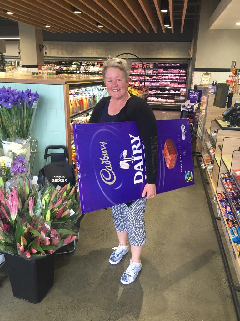 PrahranGrocer's tweet photo. Customers win at #PrahranGrocer. This lucky customer won a 10kg block of #Cadbury Chocolate. http://t.co/F5bFrBIzb3