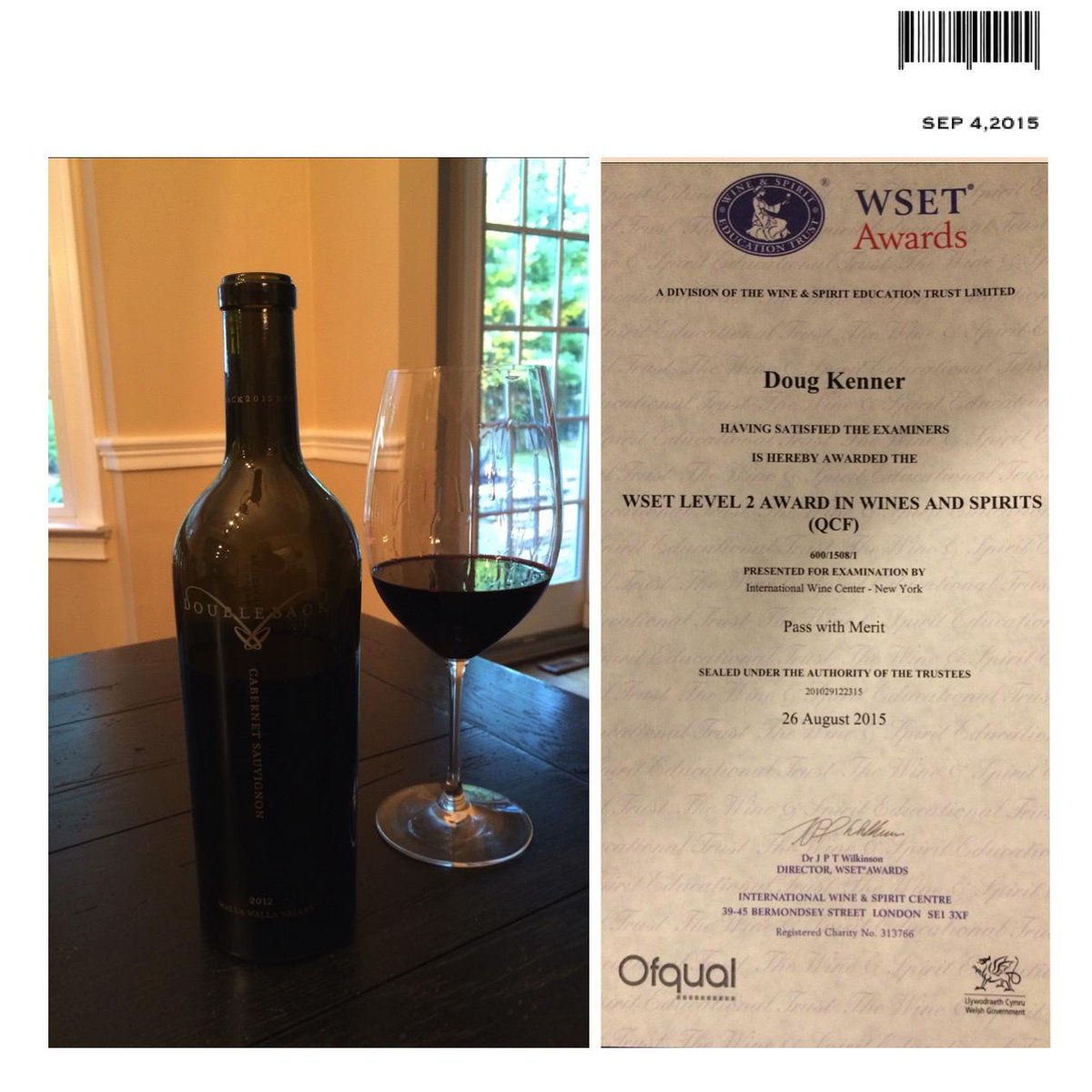 dougkenner's tweet photo. Celebrating passing wset lvl 2 w my 1st favorite! #doublebackwine @compasswines #wawine @DrewBledsoe @FigginsFerment http://t.co/AzMCPlB32U
