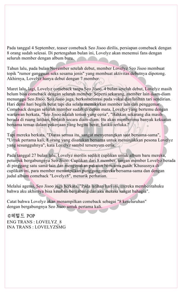 [INA TRANS] 150904 "Lovelyz as a whole. Seo Jisoo menangis, #Lovelyz juga menangis" 
cr. LOVELYZSMG