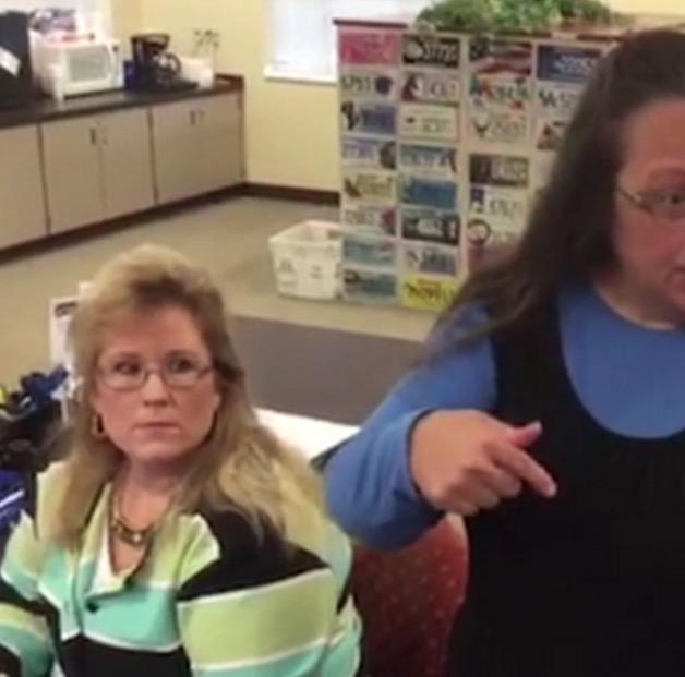 VICE's tweet photo. The lady who sits next to Kim Davis does not like the parody Twitter account based on her http://t.co/zTLhyaaGTB http://t.co/KGsjDXEuEx