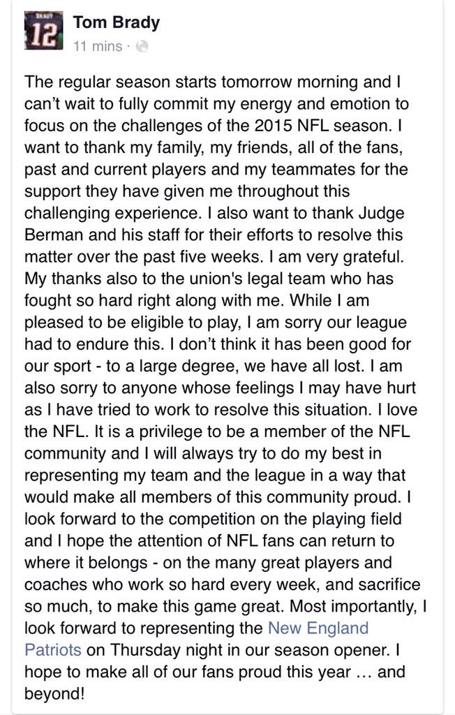 Rachel__Nichols's tweet photo. Tom Brady post on Facebook: "I am sorry our league had to endure this....to a large degree, we have all lost." http://t.co/Nx69zEykfL