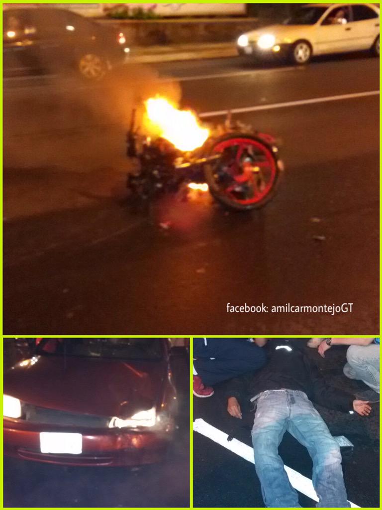 sonora969's tweet photo. Motocicleta incendiada, tras colisión en Roosevelt 25 avenida #TraficoGT Z7. Motorista de pastelería auxiliado. http://t.co/wWRZLgWJTb