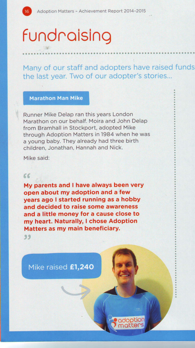 MikeyDelap's tweet photo. A proud moment for me as I made the @adopt_matters newsletter for running the London Marathon this year. #honoured http://t.co/62WWgoJ3en