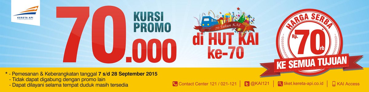 #KAIserba70, pemesanan: 7 September, pkl. 00.00 WIB. TARIF 70rb untuk 70rb KURSI PROMO. Semoga beruntung.. #70thnKAI