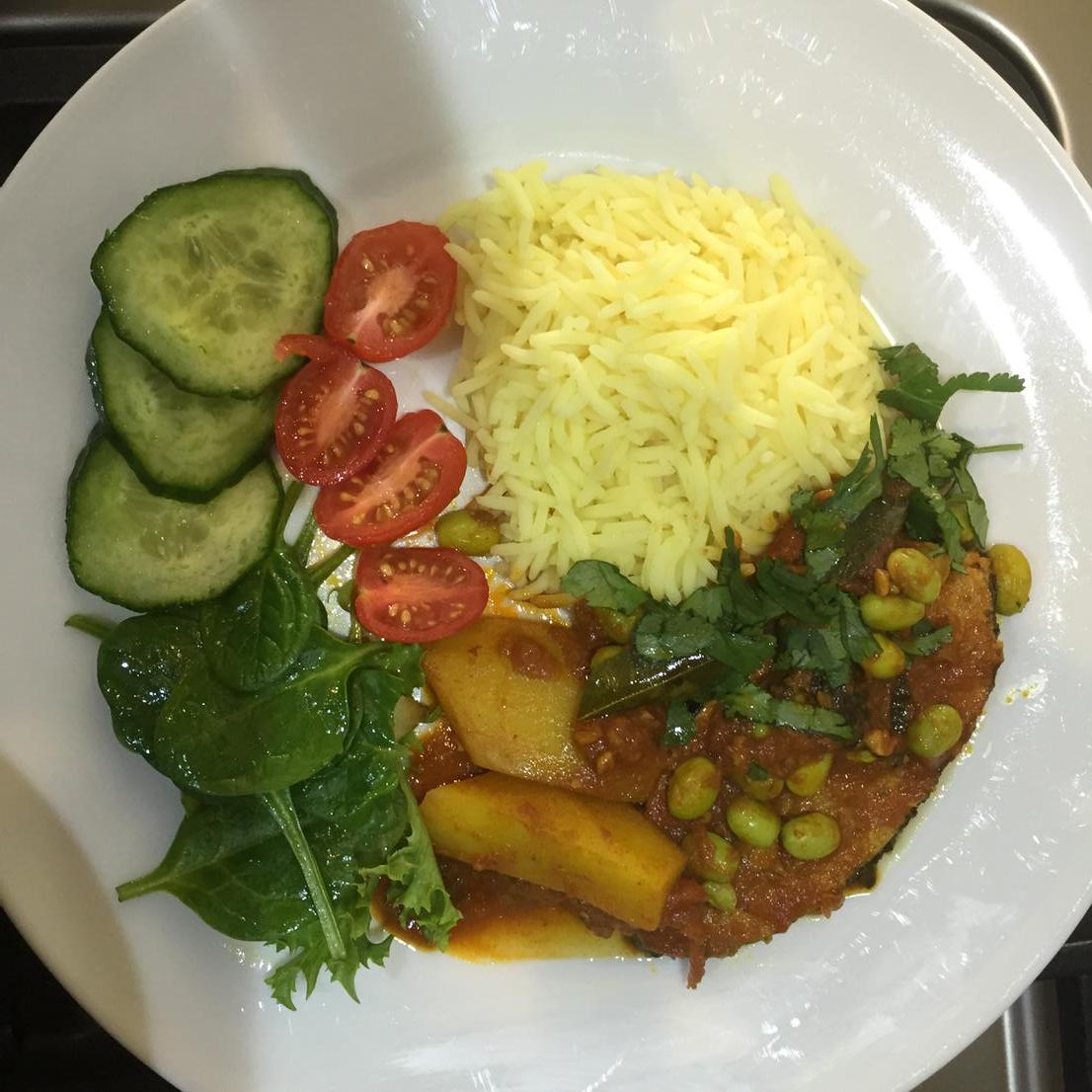 Vegan fish with soya bean and mango served with turmeric  basmati rice