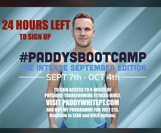 Only 24 hours left to take advantage of #PADDYSBOOTCAMP September Edition. Visit PaddyWhitePT.com <a href="/PaddyWhitePT/">Paddy's Academy</a>