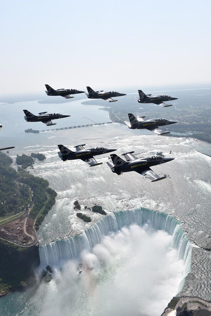 BreitlingJets's tweet photo. The #Breitlingjetteam flying over #NiagaraFalls before they perform in @CIASToronto! #FlyBreitling #CIAS2015 http://t.co/0qAKmq0Tsm