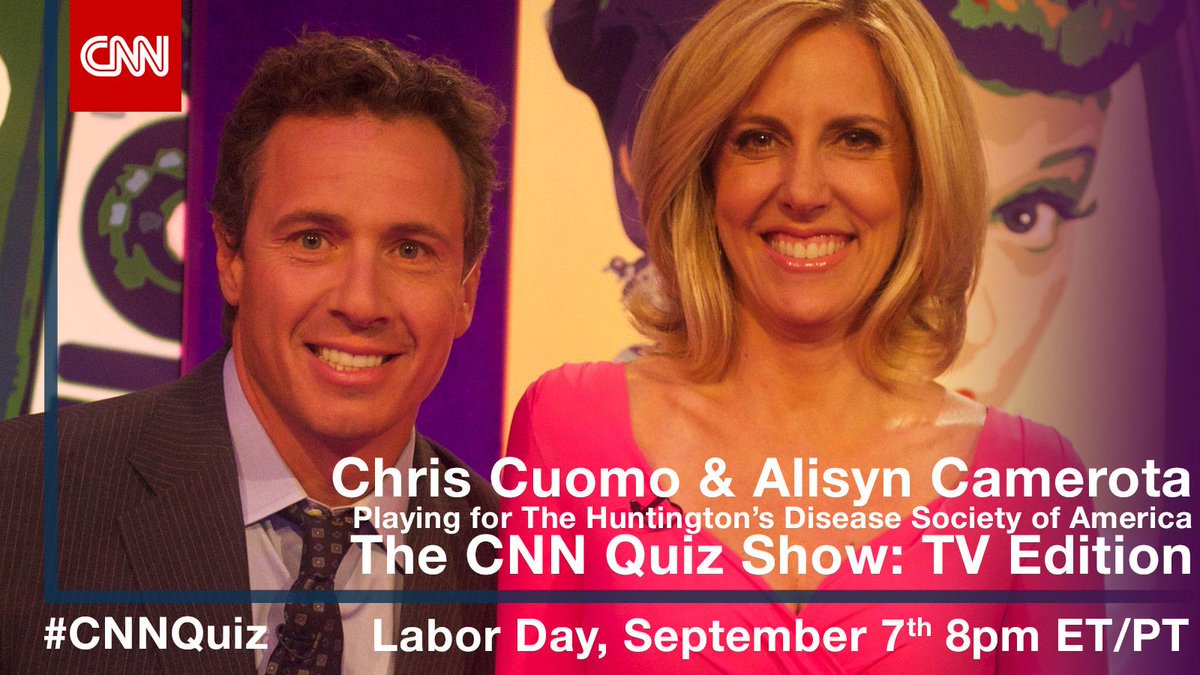 HDSA's tweet photo. #HDSAFamily WATCH #CNNQUIZ w/ host @andersoncooper Mon 9/7 @ 8pm ET. @AlisynCamerota &amp; @ChrisCuomo play for @HDSA! http://t.co/6bS4HX2osL