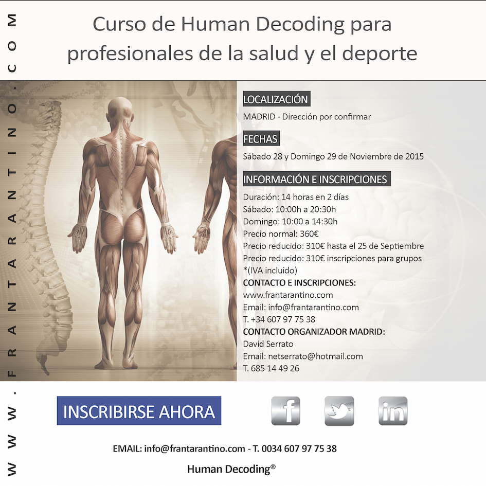 frantarantino's tweet photo. En Noviembre llevamos a Madrid el Human Decoding: Curso para profesionales de salud y deporte http://t.co/rcnLJpkVei http://t.co/JMoXmQxFLZ