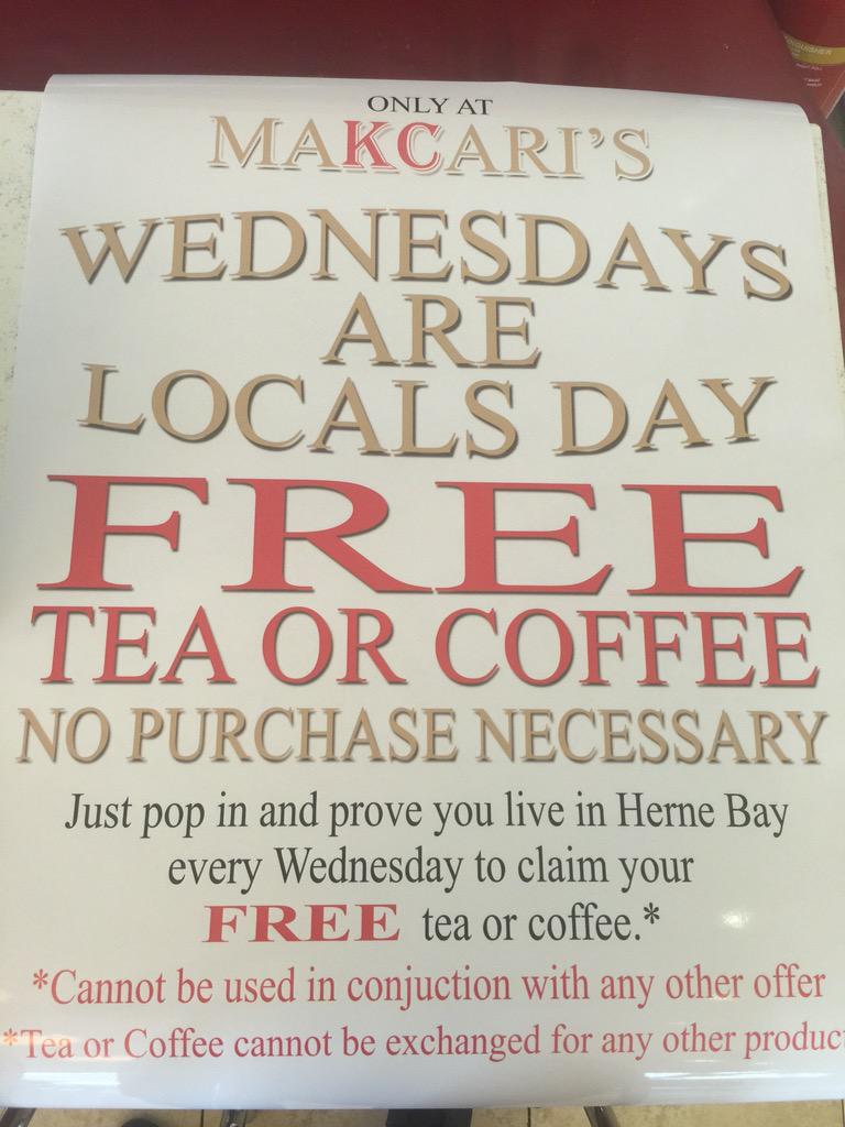FREE TEA OR COFFEE <a href="/Makcaris/">Makcaris ice cream</a> ....winter warmer no purchase necessary....<a href="/baypromoteam/">BayPromoTeam</a> <a href="/TimesHerneBay/">Herne Bay Times</a> <a href="/ilovehernebay/">I Love Herne Bay</a>