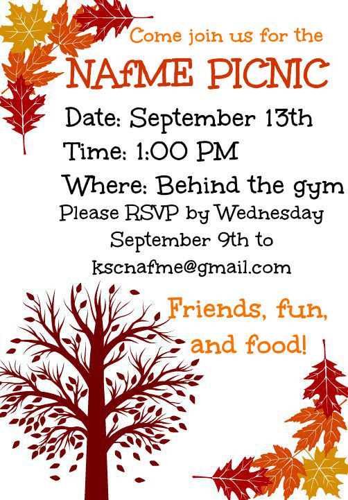 KeeneStateNAFME's tweet photo. Hello friends! Don't forget about our picnic on Sept. 13! RSVP to kscnafme@gmail by 9/9! Hope to see you all there! http://t.co/xVEYCU9mwT