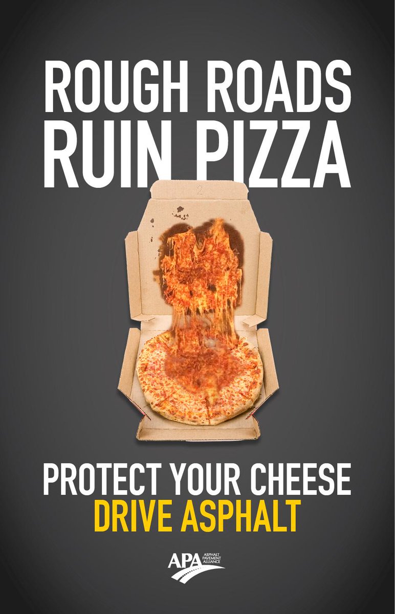 NAPATweets's tweet photo. Today is #NationalCheesePizzaDay. Protect your cheese. Drive on smooth asphalt roads. #DrivabilityMatters. http://t.co/JT4AAiBQGw