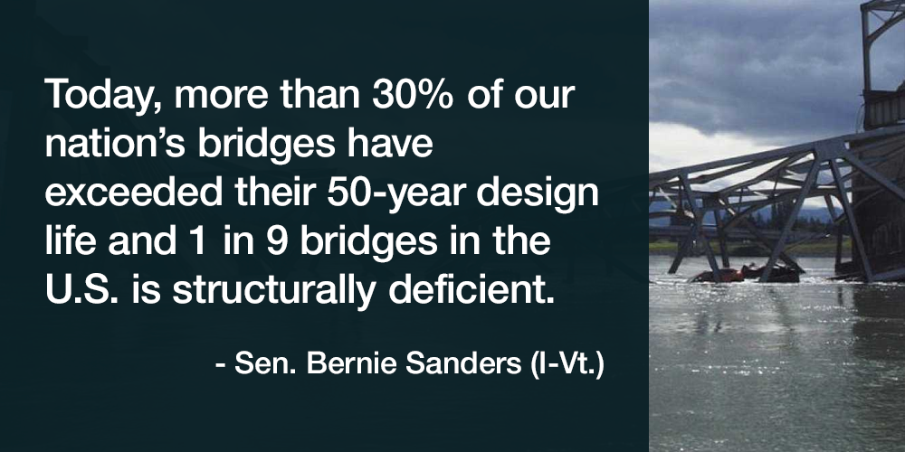 SenSanders's tweet photo. Today more than 1 in 9 bridges in the US is structurally deficient. http://t.co/QWC7BPFZqR