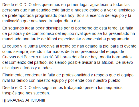 CDCortes's tweet photo. COMUNICADO OFICIAL: Pedimos disculpas por no haberse disputado el amistoso de hoy. Cuevas del Becerro avisó 30' antes http://t.co/It2z2oUBTu